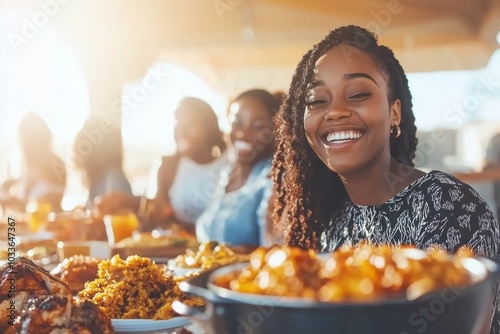 A young Black woman smiles brightly while sitting at a table with friends, enjoying a meal together.