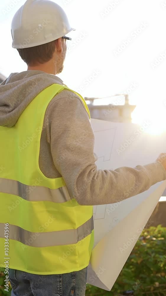 Man an architect or engineer wearing safety hard hat and vest holding blueprint and looking to construction site at sunrise, back vertical view. Architecture and engineering Man an architect or engineer wearing safety hard hat and vest holding blueprint and looking to construction site at sunrise, back vertical view. Architecture and engineering