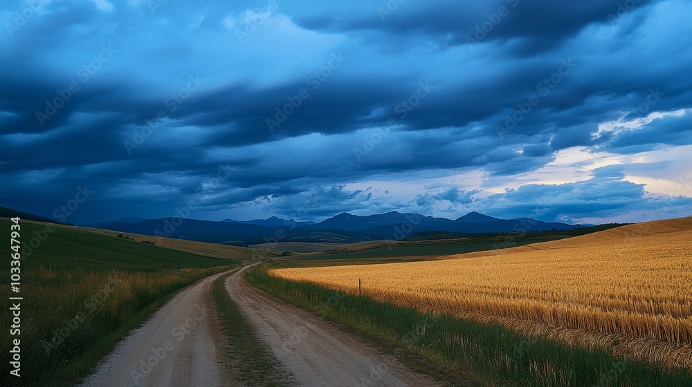 A winding dirt road through golden fields under a dramatic sky with dark clouds. A winding dirt road through golden fields under a dramatic sky with dark clouds.