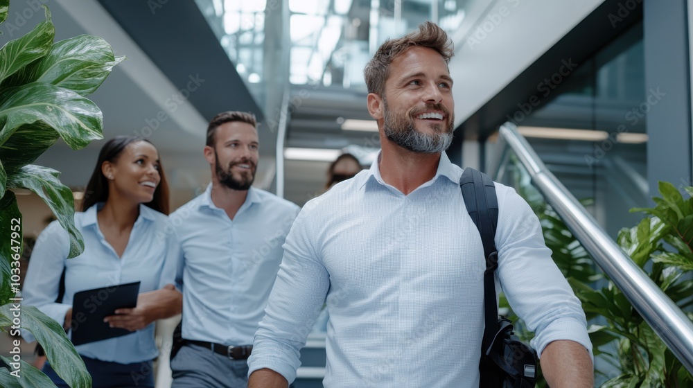 A group of smiling professionals walks confidently through a modern office with bright lighting and green plants, illustrating teamwork, success, and corporate ambition. A group of smiling professionals walks confidently through a modern office with bright lighting and green plants, illustrating teamwork, success, and corporate ambition.