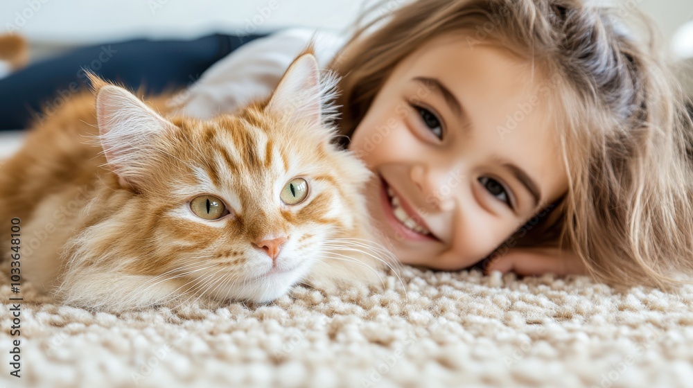 A joyful young girl with brown hair, smiling and cuddling her ginger cat on a plush carpet, illustrating a moment of pure joy and affection in the home. A joyful young girl with brown hair, smiling and cuddling her ginger cat on a plush carpet, illustrating a moment of pure joy and affection in the home.