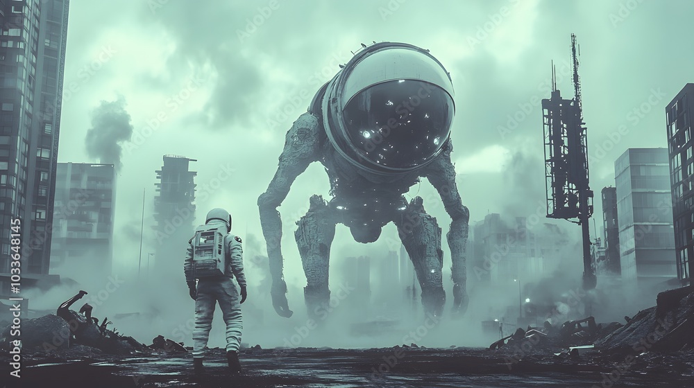 Fototapeta premium An Astronaut Standing Before a Giant Mechanical Creature in a Post-Apocalyptic City