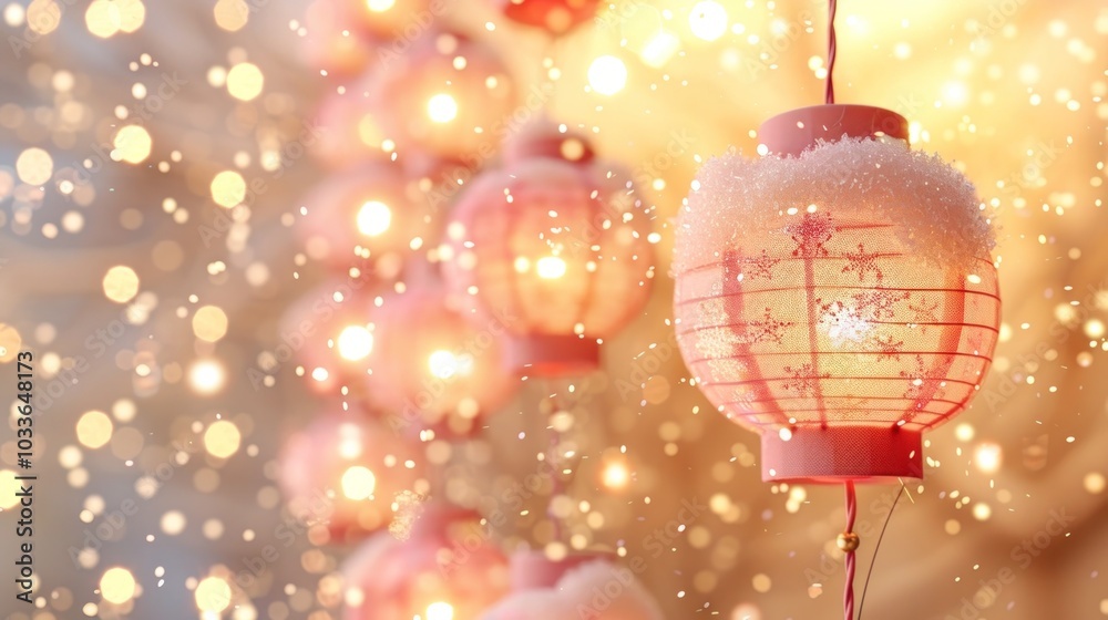 Fototapeta premium Elegant hanging Christmas baubles in red color with glowing sparkling bokeh lights in the blurred background creating a festive merry and cozy winter holiday atmosphere