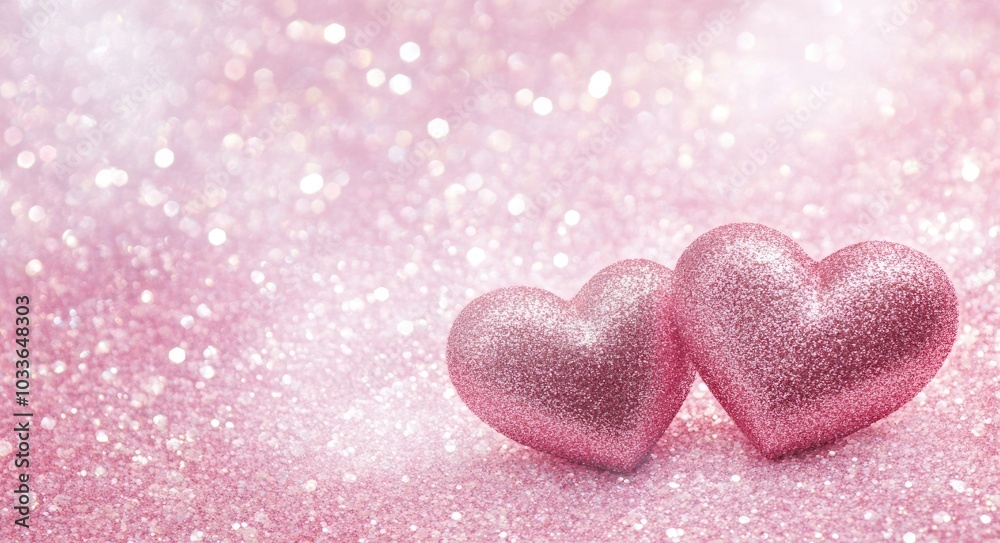 Fototapeta premium Glistering Romance: Abstract Valentine's Day Concept with Two Hearts on Pink Bokeh Sparkle Background