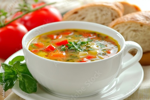 A steaming bowl of vegetable soup, perfect for a cozy meal.