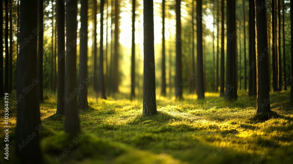 Obraz premium Sundrenched forest, a tranquil escape into nature's embrace experience the beauty and serenity