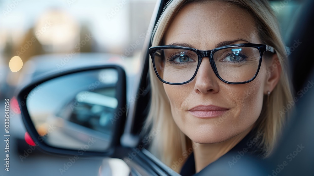 A woman with eyeglasses looks thoughtfully from a car at the bustling urban street, merging refinement with the energetic hustle of city life around her. A woman with eyeglasses looks thoughtfully from a car at the bustling urban street, merging refinement with the energetic hustle of city life around her.