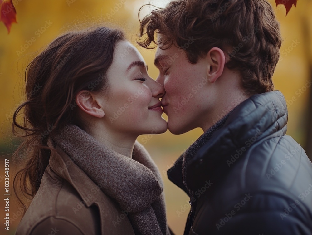Couple's Intimate Kiss in Autumn Couple's Intimate Kiss in Autumn