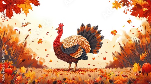 Happy Thanksgiving Day banner with Thanksgiving turkey cute cartoon style and fall foliage - horizontal background perfect for social media and greeting cards photo