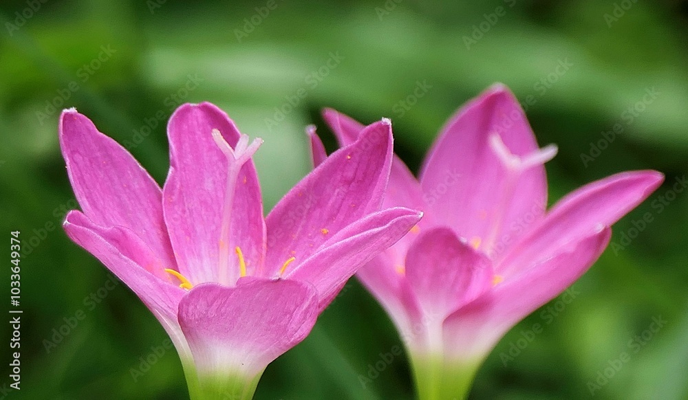 Close-up of two vibrant pink flowers in bloom with a green blurred background Close-up of two vibrant pink flowers in bloom with a green blurred background