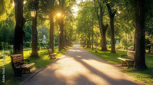 A peaceful urban park with tall trees, benches, and winding paths, offering a green space for city residents photo