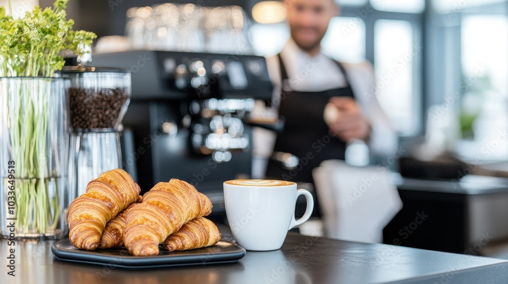 A modern cafe scene where a barista prepares coffee behind the counter with a plate of three buttery croissants and a steaming cup of coffee in the foreground.