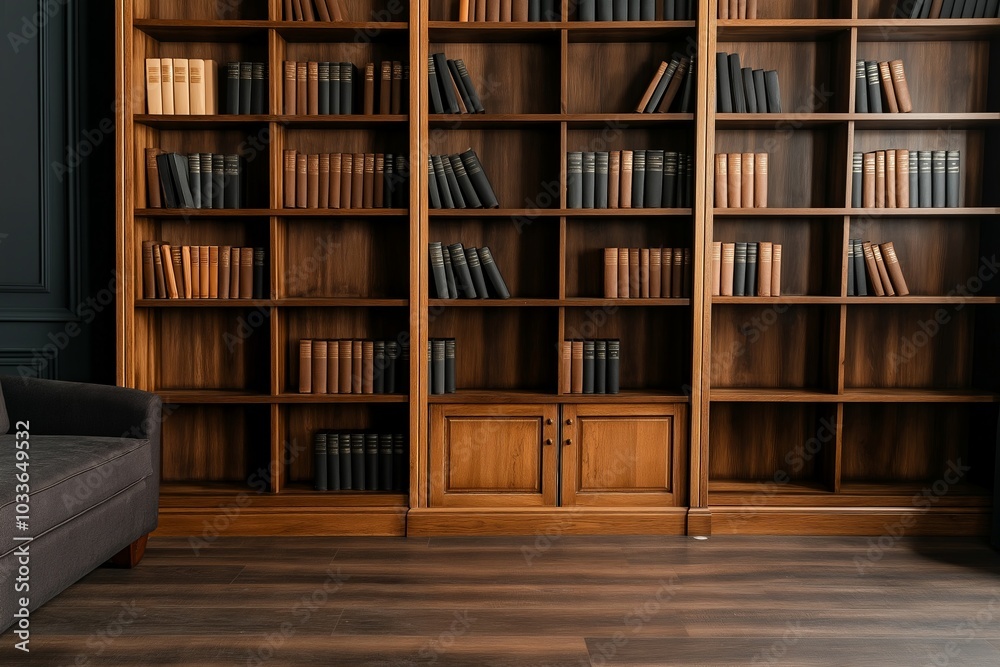A sophisticated wooden bookshelf filled with neatly arranged books in a stylish study room. The dark wood tones of the shelf and floor create a warm, inviting atmosphere with a luxurious touch A sophisticated wooden bookshelf filled with neatly arranged books in a stylish study room. The dark wood tones of the shelf and floor create a warm, inviting atmosphere with a luxurious touch