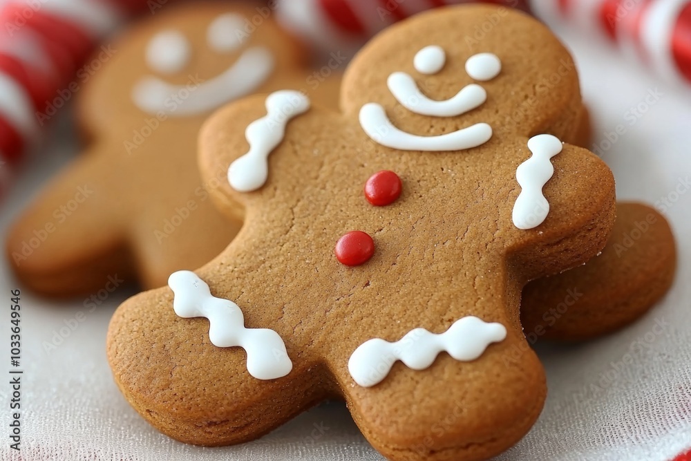 A gingerbread man cookie with white icing and red candy buttons. A gingerbread man cookie with white icing and red candy buttons.