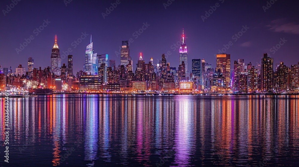 A vibrant city skyline at night, reflecting lights on the water. A vibrant city skyline at night, reflecting lights on the water.