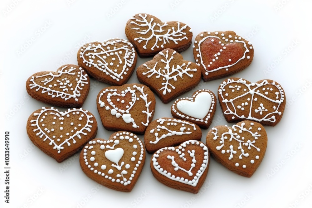 A dozen heart-shaped gingerbread cookies, each decorated with intricate white icing, are arranged in a circle on a white background. A dozen heart-shaped gingerbread cookies, each decorated with intricate white icing, are arranged in a circle on a white background.