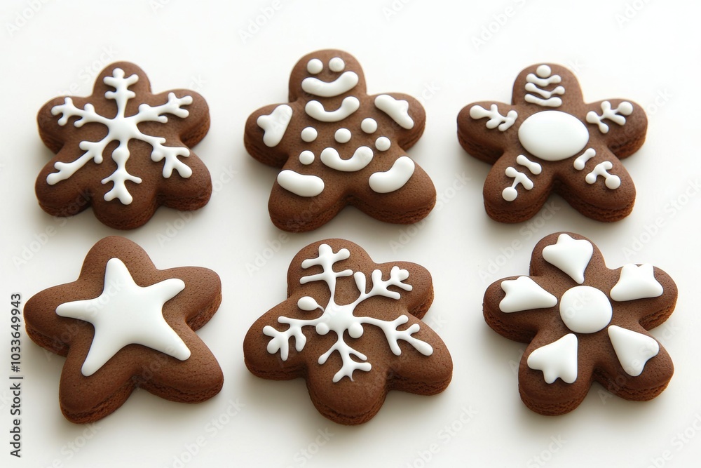 A close-up shot of six gingerbread cookies, each with a different festive design, including snowflakes, stars, and a gingerbread man. A close-up shot of six gingerbread cookies, each with a different festive design, including snowflakes, stars, and a gingerbread man.
