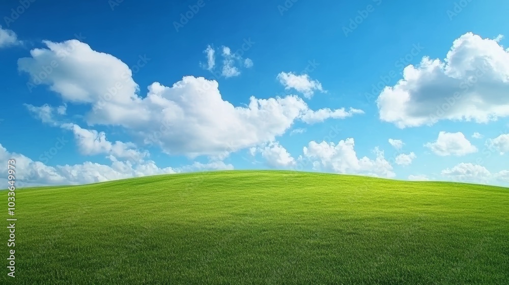Idyllic landscape, vibrant green field under a picturesque blue sky with clouds serene Idyllic landscape, vibrant green field under a picturesque blue sky with clouds serene