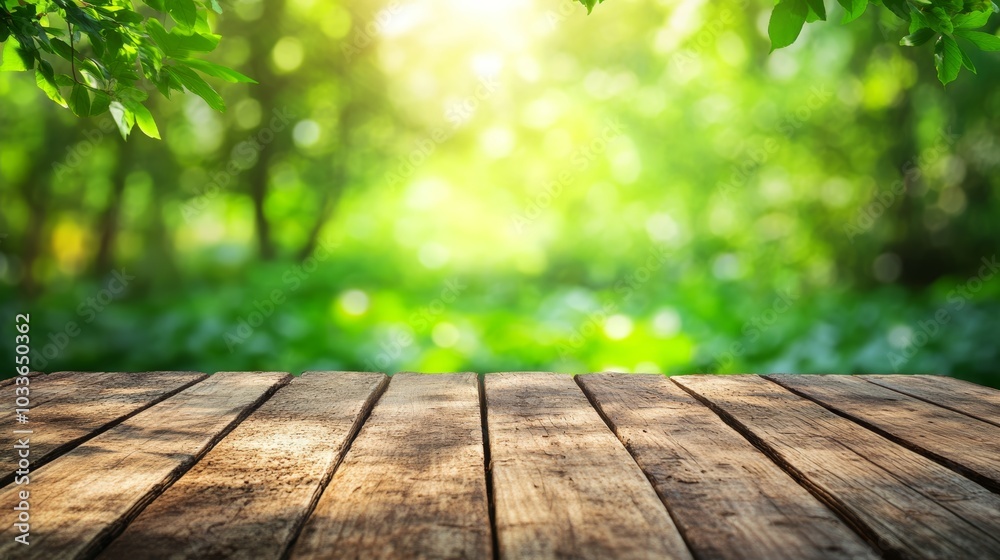 Natural green leaves blurred background on rustic wooden table top rustic