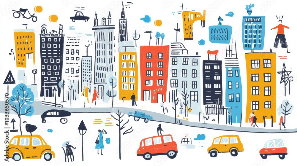 Naklejka premium A lively street filled with colorful hand-drawn buildings, cars, and cheerful people enjoying their day in a vibrant urban setting. Generative AI