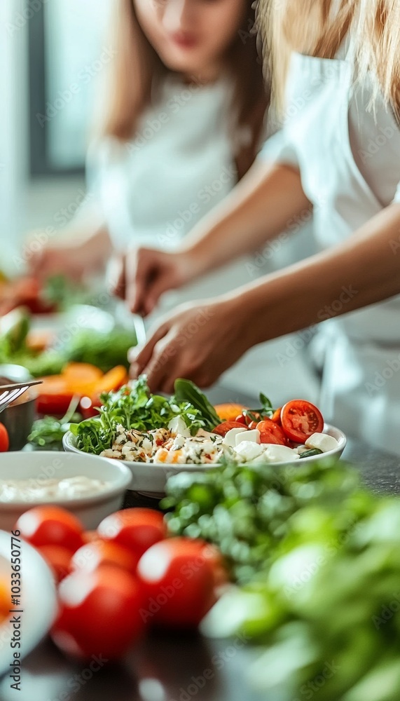 A young woman wearing an apron adds finishing touches to a salad, showcasing fresh vegetables. A young woman wearing an apron adds finishing touches to a salad, showcasing fresh vegetables.