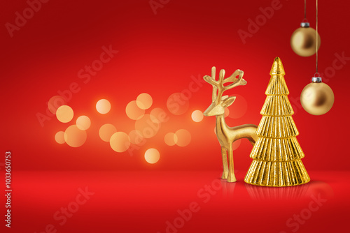 Gold reindeer, Christmas tree and bauble on red background with bokeh lights. Festive winter holiday decoration and ornament. Modern design for greeting card, banner, invitation