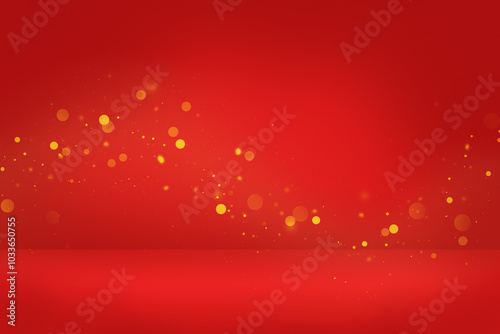 Red soft focus background with gold bokeh lights and sparkles. Abstract festive backdrop for product display, advertising or presentation