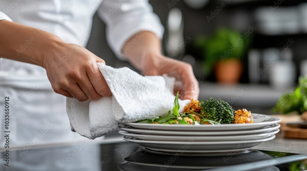 A chef is carefully placing food on neatly stacked plates in a professional kitchen, showcasing culinary skill and attention to detail in a dynamic cooking environment. A chef is carefully placing food on neatly stacked plates in a professional kitchen, showcasing culinary skill and attention to detail in a dynamic cooking environment.