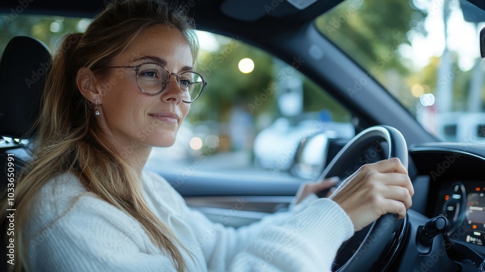 A serene woman driving a car in the evening, wearing glasses and a white sweater, illuminated by city lights that create a cozy and relaxed atmosphere inside. A serene woman driving a car in the evening, wearing glasses and a white sweater, illuminated by city lights that create a cozy and relaxed atmosphere inside.