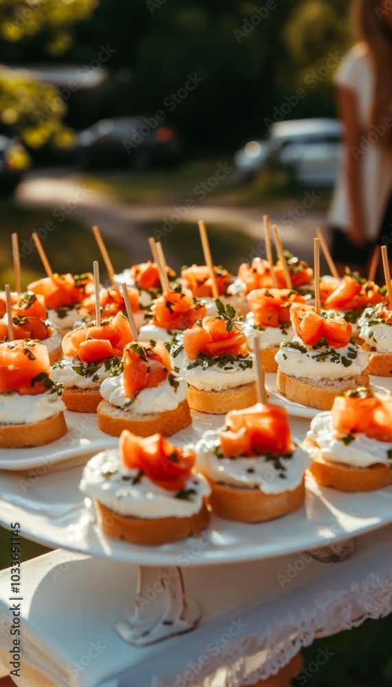 A platter of delicious hors d'oeuvres, perfect for a summer party. The creamy topping and bright orange salmon make for a beautiful and tasty treat. A platter of delicious hors d'oeuvres, perfect for a summer party. The creamy topping and bright orange salmon make for a beautiful and tasty treat.