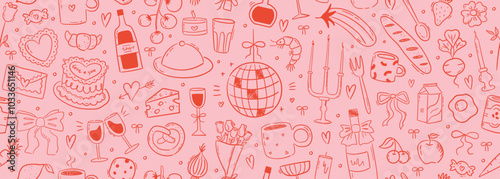Contemporary minimalist line art banner with food, candles, drinks and decor doodles. Hand drawn dinner party seamless pattern. Coquette ink menu background. Vector graphic