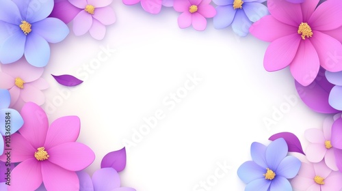 Elegant floral border, pink and blue flowers on white background design