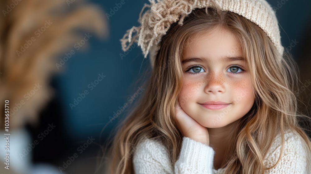 A young girl with long hair and a knit hat sits indoors, wearing a cozy sweater and smiling warmly, creating a comforting and sweet atmosphere of innocence. A young girl with long hair and a knit hat sits indoors, wearing a cozy sweater and smiling warmly, creating a comforting and sweet atmosphere of innocence.