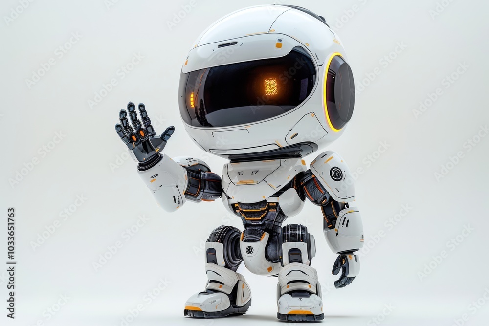 a white robot with simple cute design, square head, full body shot, waving hand, white background, standing a white robot with simple cute design, square head, full body shot, waving hand, white background, standing