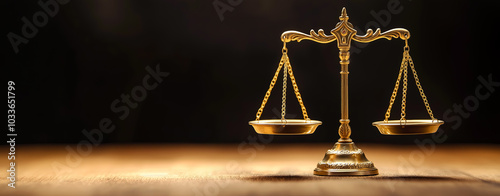 Golden scales of justice on a wooden table against a dark  dark background with copy space.
