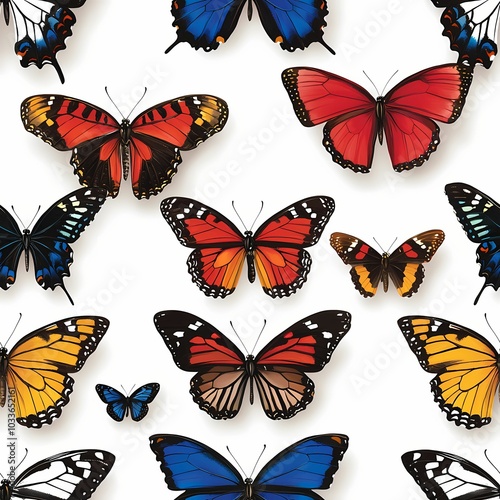 A vibrant arrangement of colorful butterflies showcasing various species and patterns against a white background.