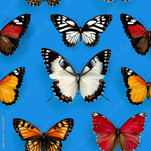 Wallpaper Mural A vibrant collection of colorful butterflies against a bright blue background, showcasing diverse species and intricate patterns. Torontodigital.ca
