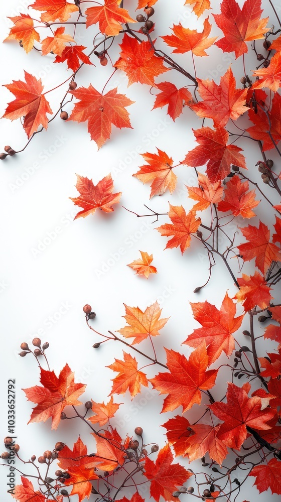 Vertical autumn frame background with free place for text, maple leaves decorate a beautiful nature thanksgiving, scenery yellow red seasonal colorful mock up, white background