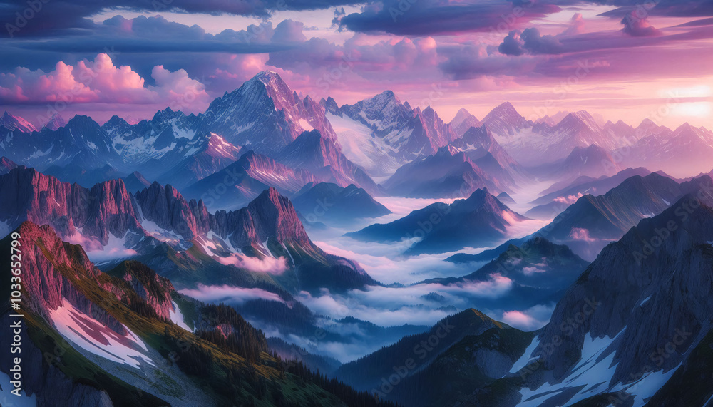 A breathtaking view of a mountain range at sunrise, with towering peaks, snow-capped summits, and mist hovering in the valleys. The sky is filled with soft pinks and purples, gradually transitioning t A breathtaking view of a mountain range at sunrise, with towering peaks, snow-capped summits, and mist hovering in the valleys. The sky is filled with soft pinks and purples, gradually transitioning t