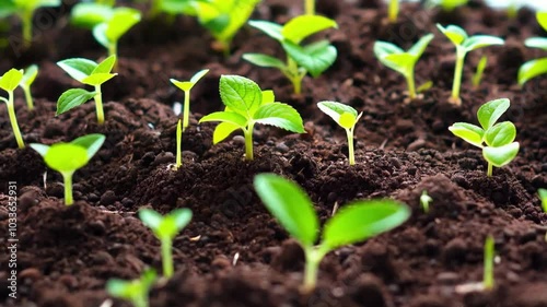 Showing multiple seedlings sprouting simultaneously from the soil, growing towards light in perfect synchronization.
