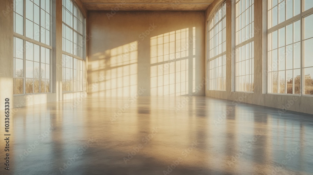 A spacious, empty interior bathed in warm sunlight streams through large windows, casting soft shadows on a polished concrete floor. The serene atmosphere invites creativity and tranquility. A spacious, empty interior bathed in warm sunlight streams through large windows, casting soft shadows on a polished concrete floor. The serene atmosphere invites creativity and tranquility.