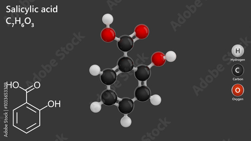 Salicylic acid. Organic acid. A detailed 3d model of molecule. Molecular formula: C7H6O3. Chemical model: Ball and Stick. Gray background. 3d illustration photo