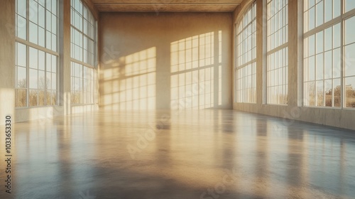 A spacious, empty interior bathed in warm sunlight streams through large windows, casting soft shadows on a polished concrete floor. The serene atmosphere invites creativity and tranquility.