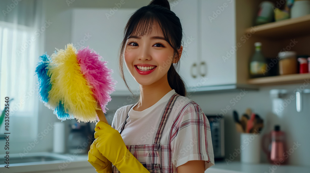 A happy young Asian woman wearing yellow rubber gloves is cleaning the white kitchen with colorful. A happy young Asian woman wearing yellow rubber gloves is cleaning the white kitchen with colorful.