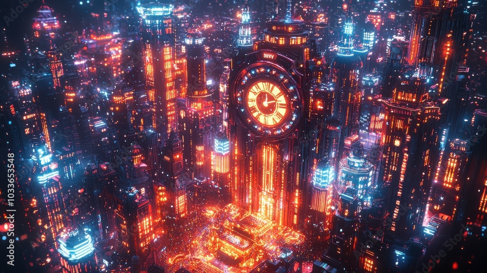 Futuristic cityscape illuminated with vibrant neon lights, showcasing a cyberpunk aesthetic and a clock tower centerpiece at night. Futuristic cityscape illuminated with vibrant neon lights, showcasing a cyberpunk aesthetic and a clock tower centerpiece at night.