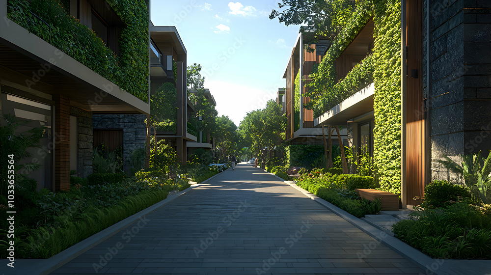 A pedestrian street lined with green walls on each building, creating a natural walkway in the city A pedestrian street lined with green walls on each building, creating a natural walkway in the city