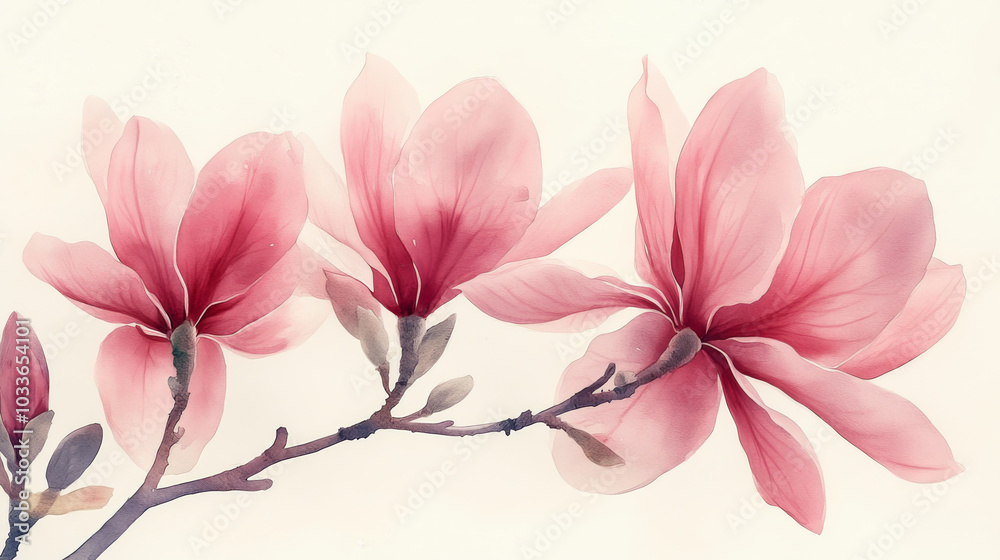 Fototapeta premium Watercolor Magnolia Blooming Flowers Seamless Pattern in Soft Pastel Colors