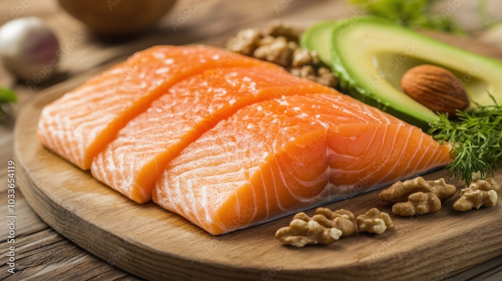 A fresh salmon fillet placed on a wooden board with healthy ingredients, such as avocado and nuts, for a well-balanced, low-carb meal. A fresh salmon fillet placed on a wooden board with healthy ingredients, such as avocado and nuts, for a well-balanced, low-carb meal.