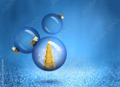 Christmas bauble with gold tree decoration inside. New Year ornaments on blue sparkling background. Winter holiday festive design for greeting card, invitation or banner