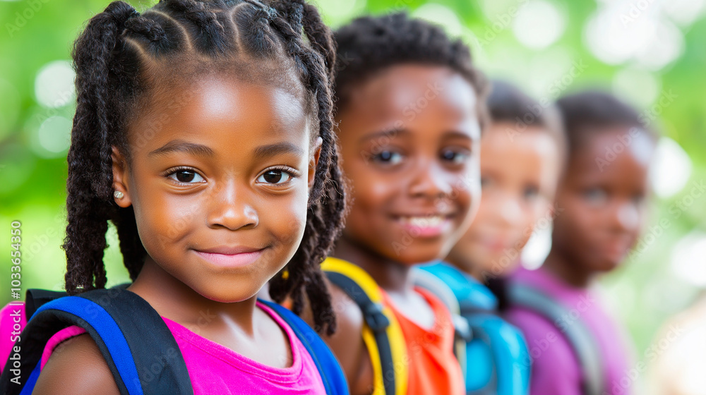 Happy African children smiling in line, wearing colorful backpacks for education. Portrait of diverse young students expressing joy and friendship for childhood and school concepts Happy African children smiling in line, wearing colorful backpacks for education. Portrait of diverse young students expressing joy and friendship for childhood and school concepts